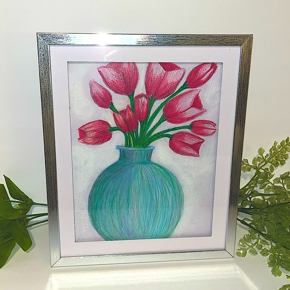 1Oak Framed Art with Pink Tulips in Green Vase framed art home decor